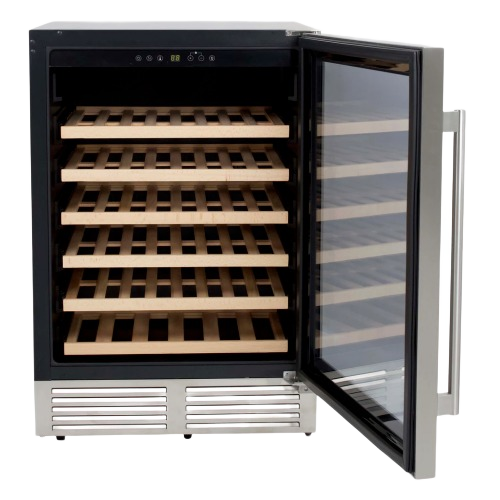 Freestanding wine cooler with glass door, stainless steel frame, and wooden shelves, 51-bottle capacity in appliances collection
