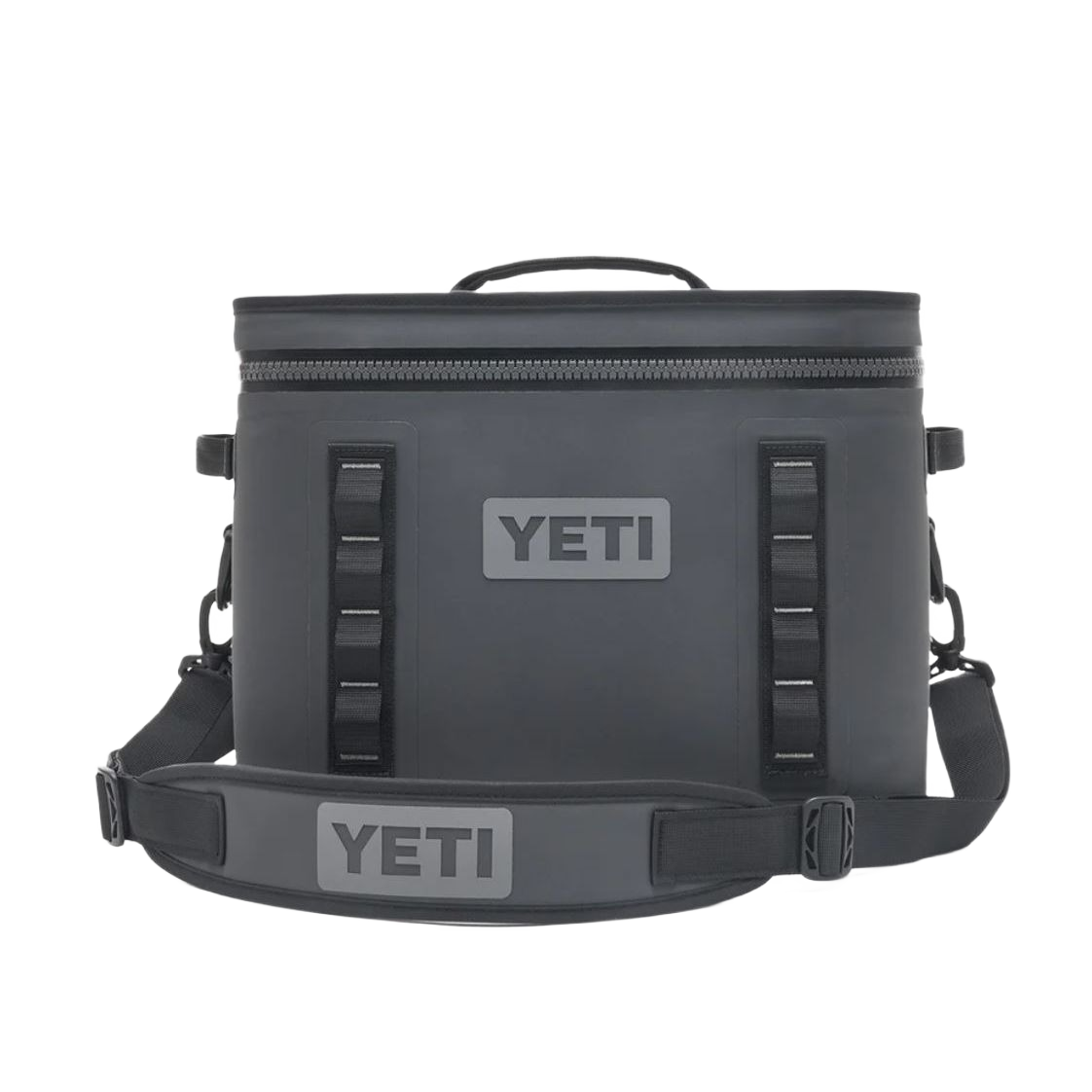 Gray rectangular soft cooler with wide top zipper and adjustable padded shoulder strap in Storage & Organization collection