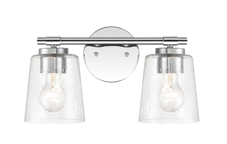 Modern bathroom wall light with two seeded glass shades and polished chrome finish for vanity lighting and home improvement