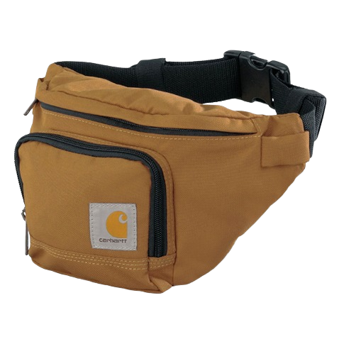 Compact brown Carhartt waist pack with front and top compartments, adjustable black strap for tools and home improvement use