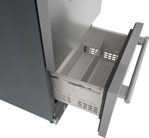 Open drawer view of stainless steel under counter double drawer refrigerator with dividers from Thermador Appliances collection