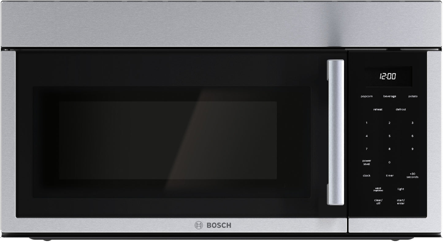 Stainless steel over-the-range microwave with left side-opening door, digital touch controls, and LED display, part of Bosch Microwaves and Kitchen & Kitchenware collections.