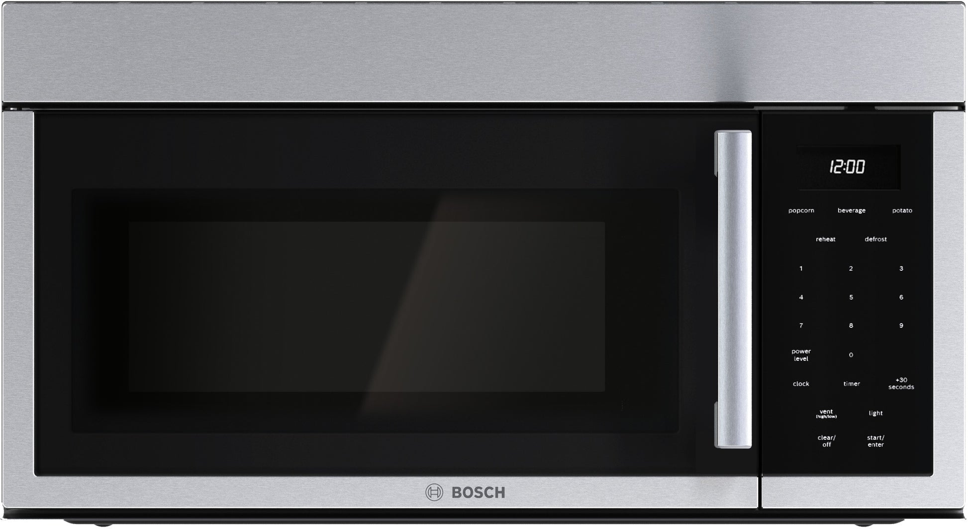 Stainless steel over-the-range microwave with left side-opening door, digital touch controls, and LED display, part of Bosch Microwaves and Kitchen & Kitchenware collections.