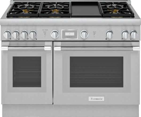 stainless steel gas range with multiple burners, dual ovens, and digital control panel in kitchen appliances collection