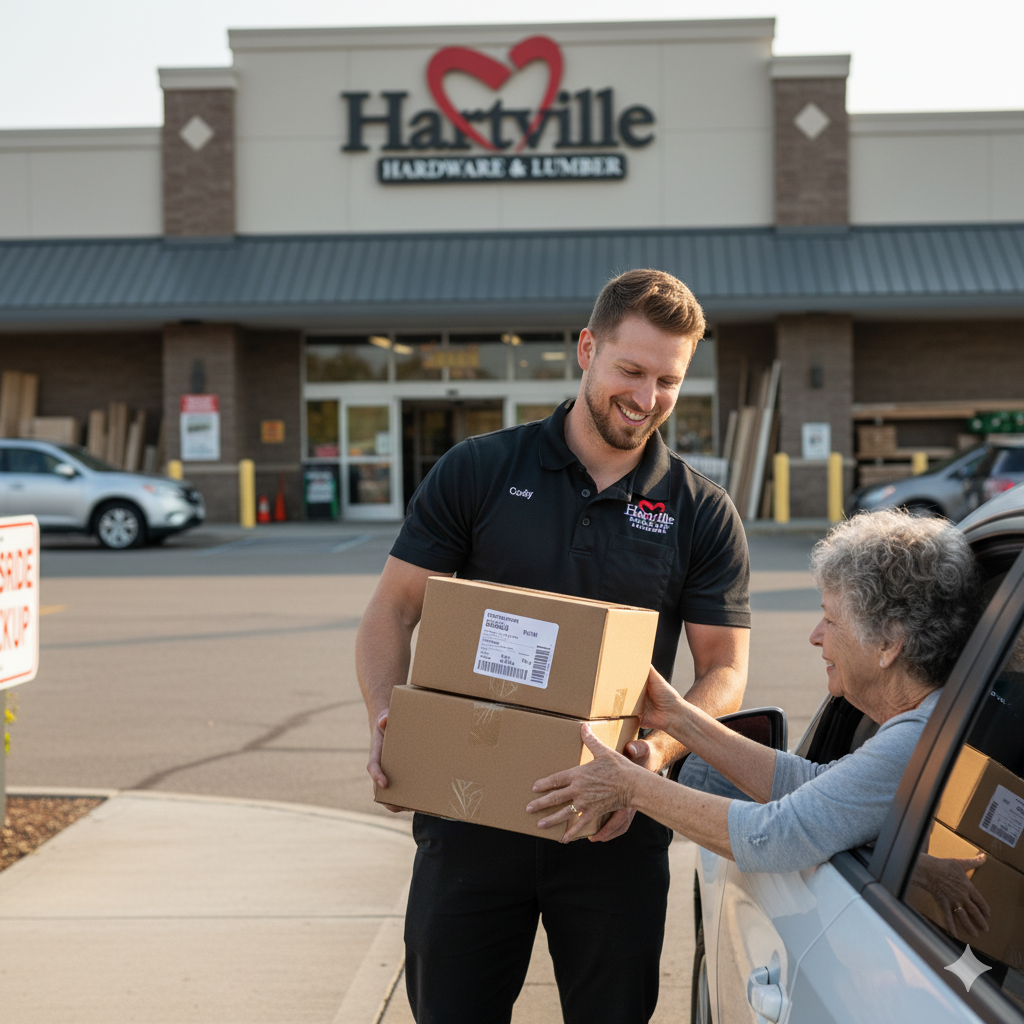 Man wearing a black polo shirt smiling while handing two cardboard boxes to an elderly woman seated inside a car outside a hardware store during the day.