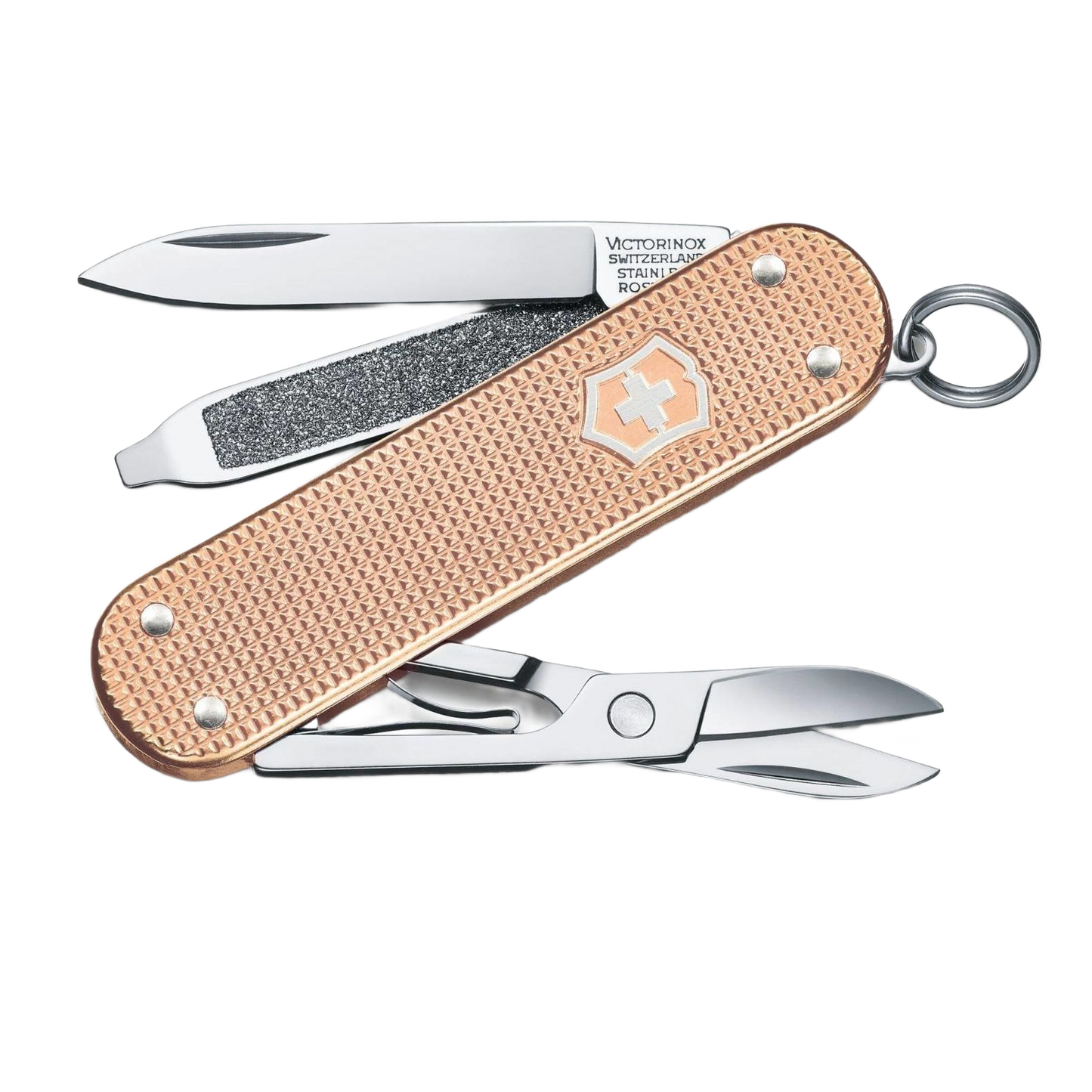Compact multipurpose pocket knife with stainless steel tools and textured fresh peach aluminum handle for everyday use