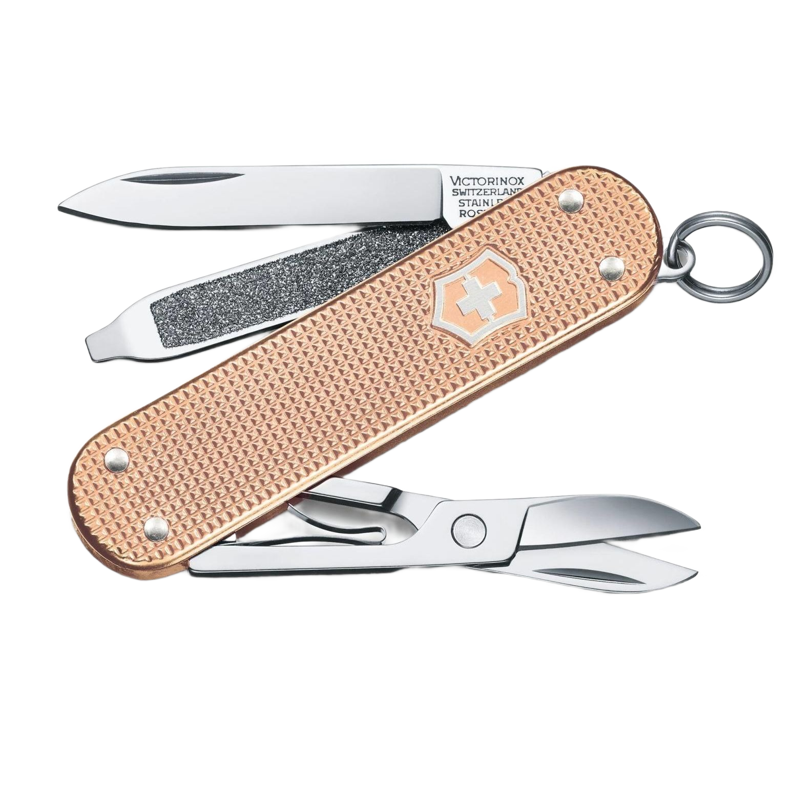 Compact multipurpose pocket knife with stainless steel tools and textured fresh peach aluminum handle for everyday use