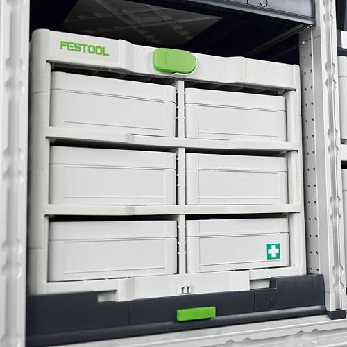 White and green Festool SYS3-RACK modular storage system with multiple small tool boxes for workshop organization