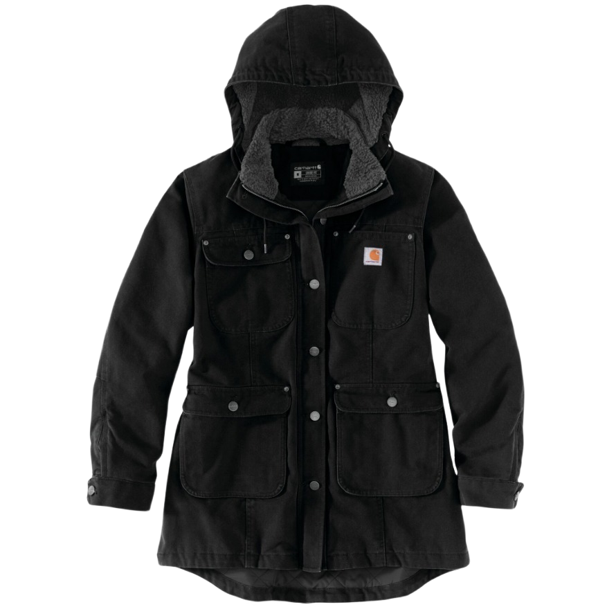 Women's large black washed duck coat with hood and multiple front pockets for outdoor tasks and durability