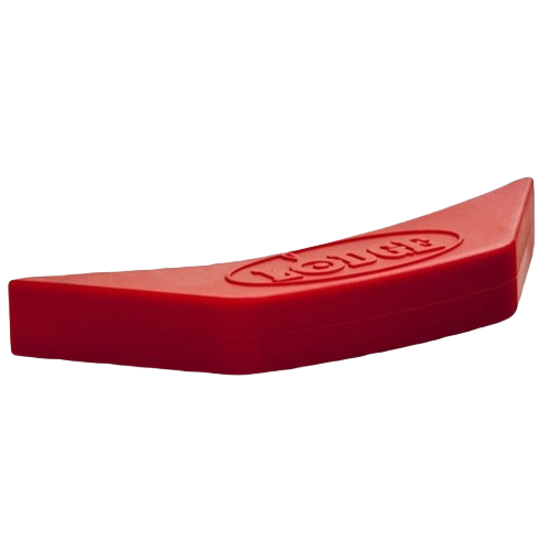 Red silicone assist handle holder designed for heat protection on cast iron cookware in kitchenware collections