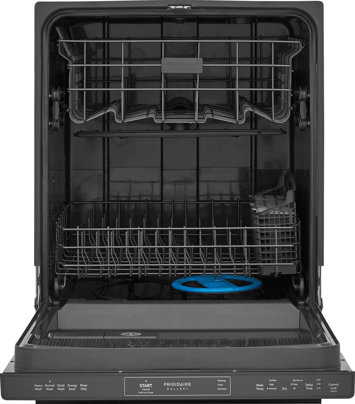 Open 24-inch built-in dishwasher featuring multi-level racks and utensil basket in kitchen and appliance collections