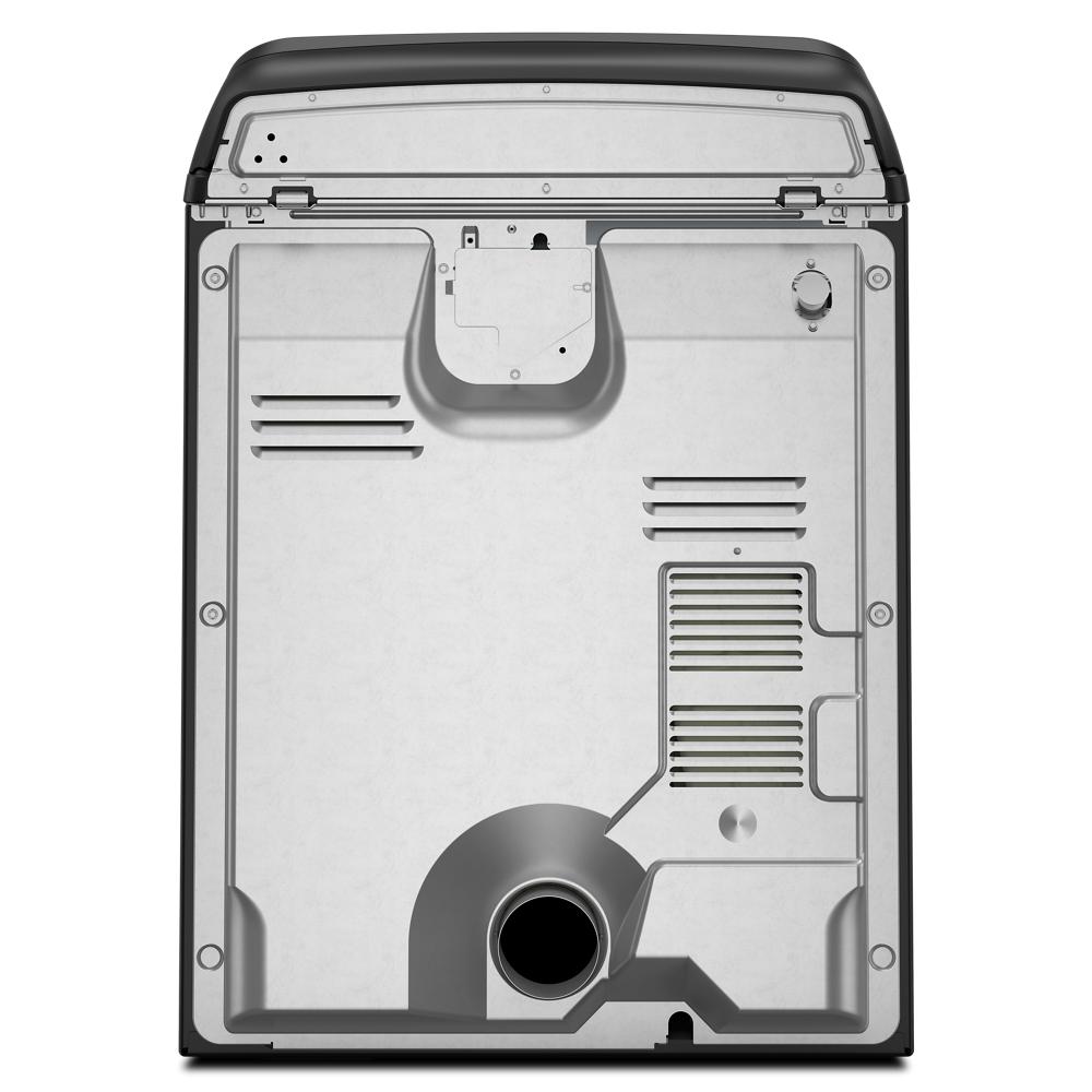 Rear view of a gray top load gas dryer showing ventilation and access panel details in Appliances collections