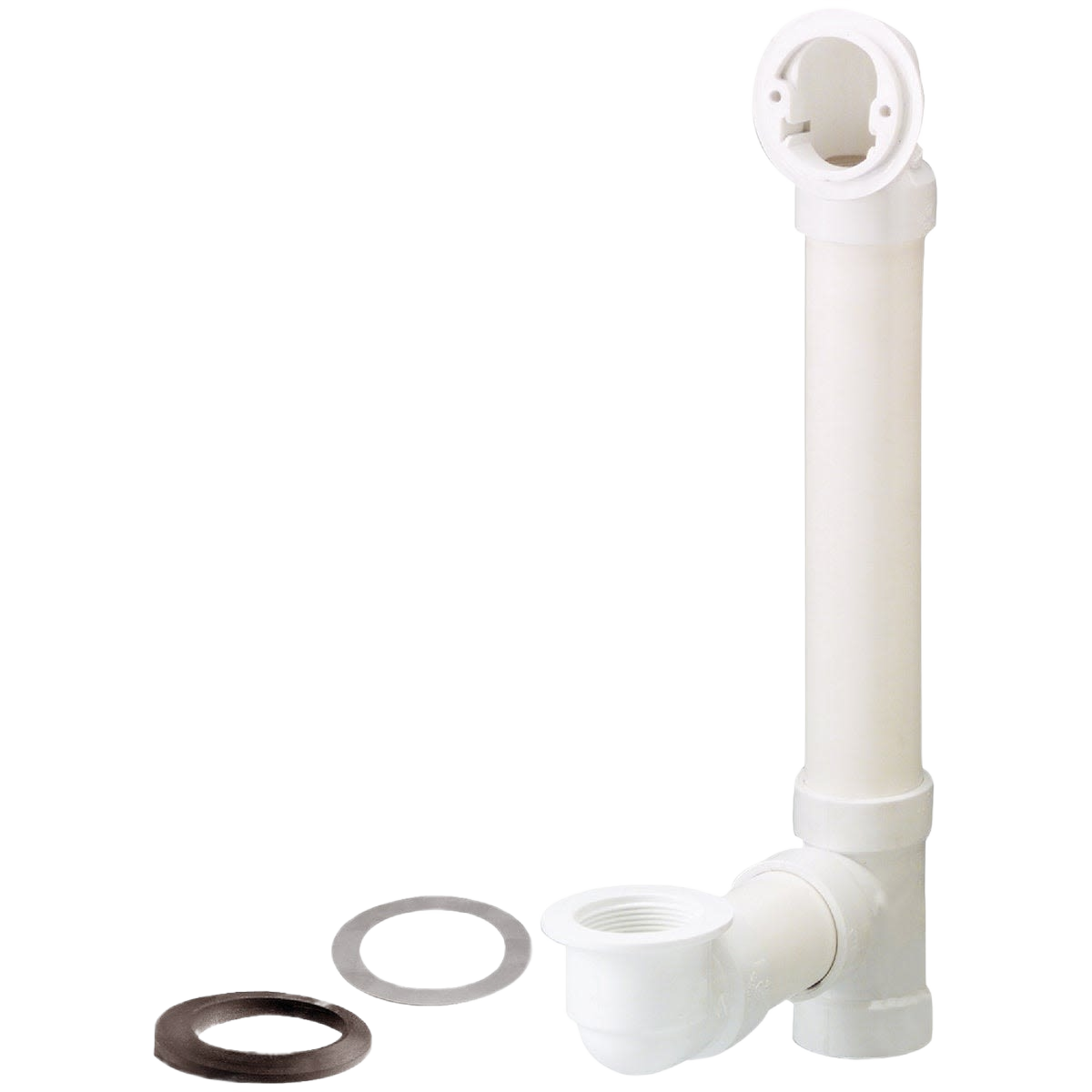 White Schedule 40 PVC bath drain overflow body with sealing gaskets for plumbing repair and drain parts under $50.