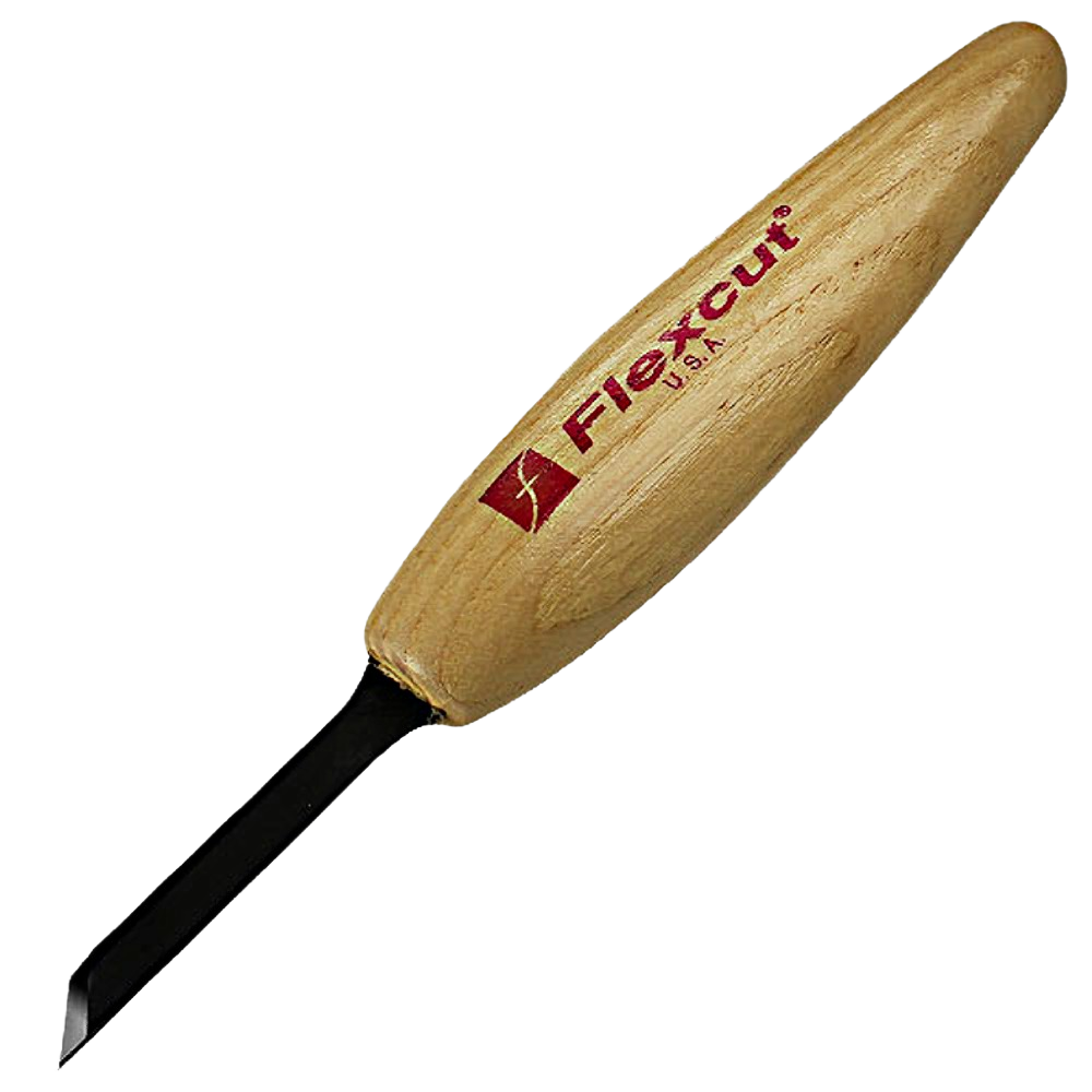 Wood carving tool with wooden handle and sharp angled blade for detailed woodworking in tools and home improvement tasks