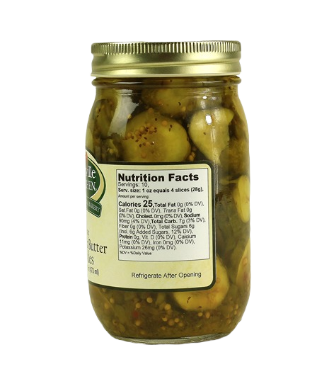 Clear glass jar of zesty bread and butter pickles with gold metal lid in preserved goods and fruits & vegetables collections