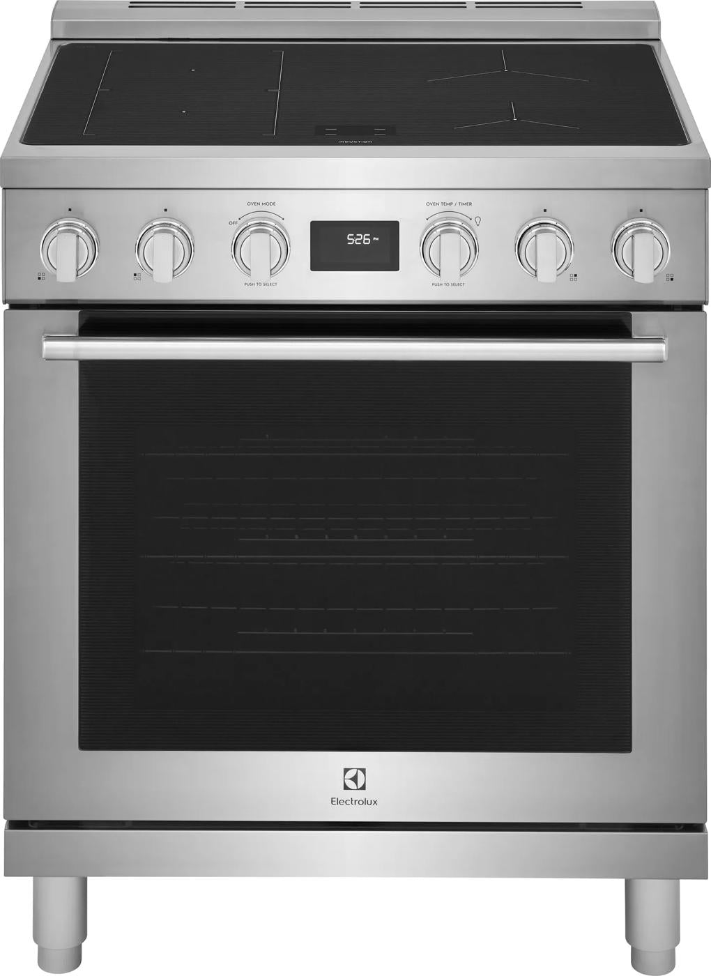Front view of stainless steel induction freestanding range with digital display and control knobs in kitchen appliances collection