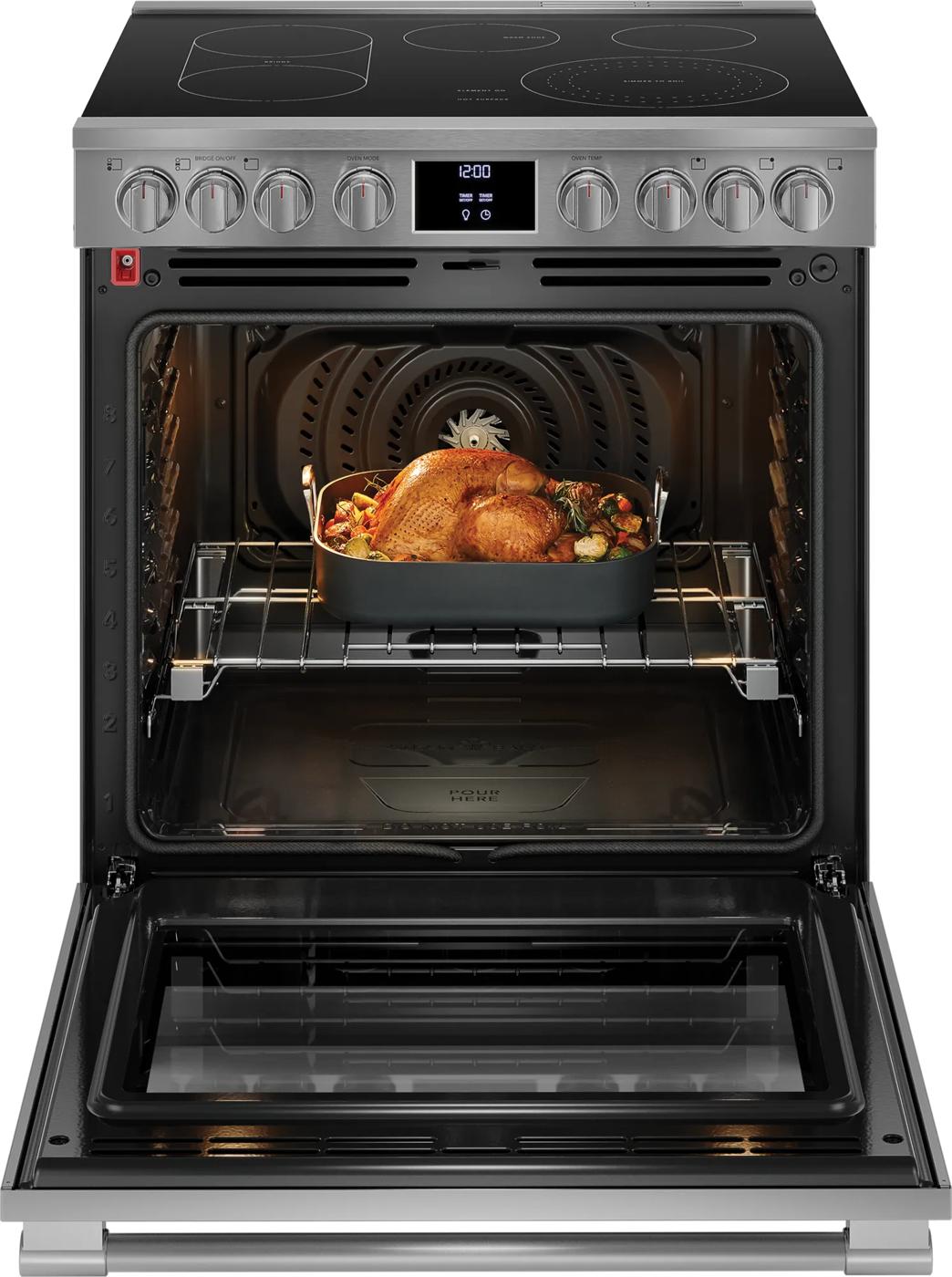 stainless steel electric range with open oven door showing cooked turkey inside in kitchen appliances collection