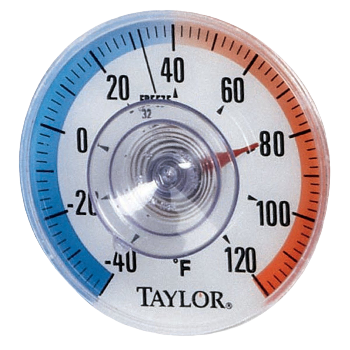 Round stick-on dial thermometer with blue and red temperature zones, reading Fahrenheit temperatures from -40 to 120 degrees