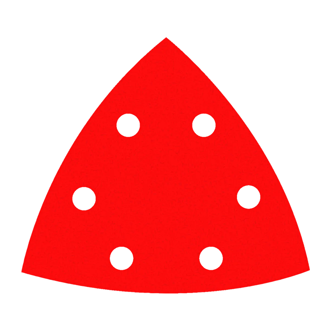 Red triangular sanding sheet with six dust collection holes for power tool accessories and abrasives collections