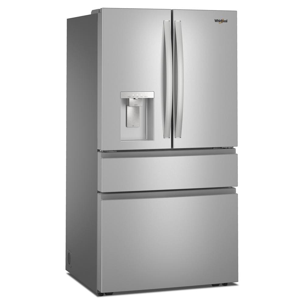 Stainless steel French door refrigerator with flexible temperature drawer and in-door water dispenser from kitchen appliances collection