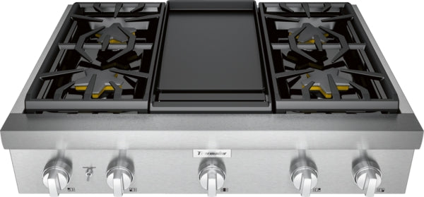 Stainless steel 36-inch gas rangetop with cast iron grates and flat griddle for kitchen and home improvement use