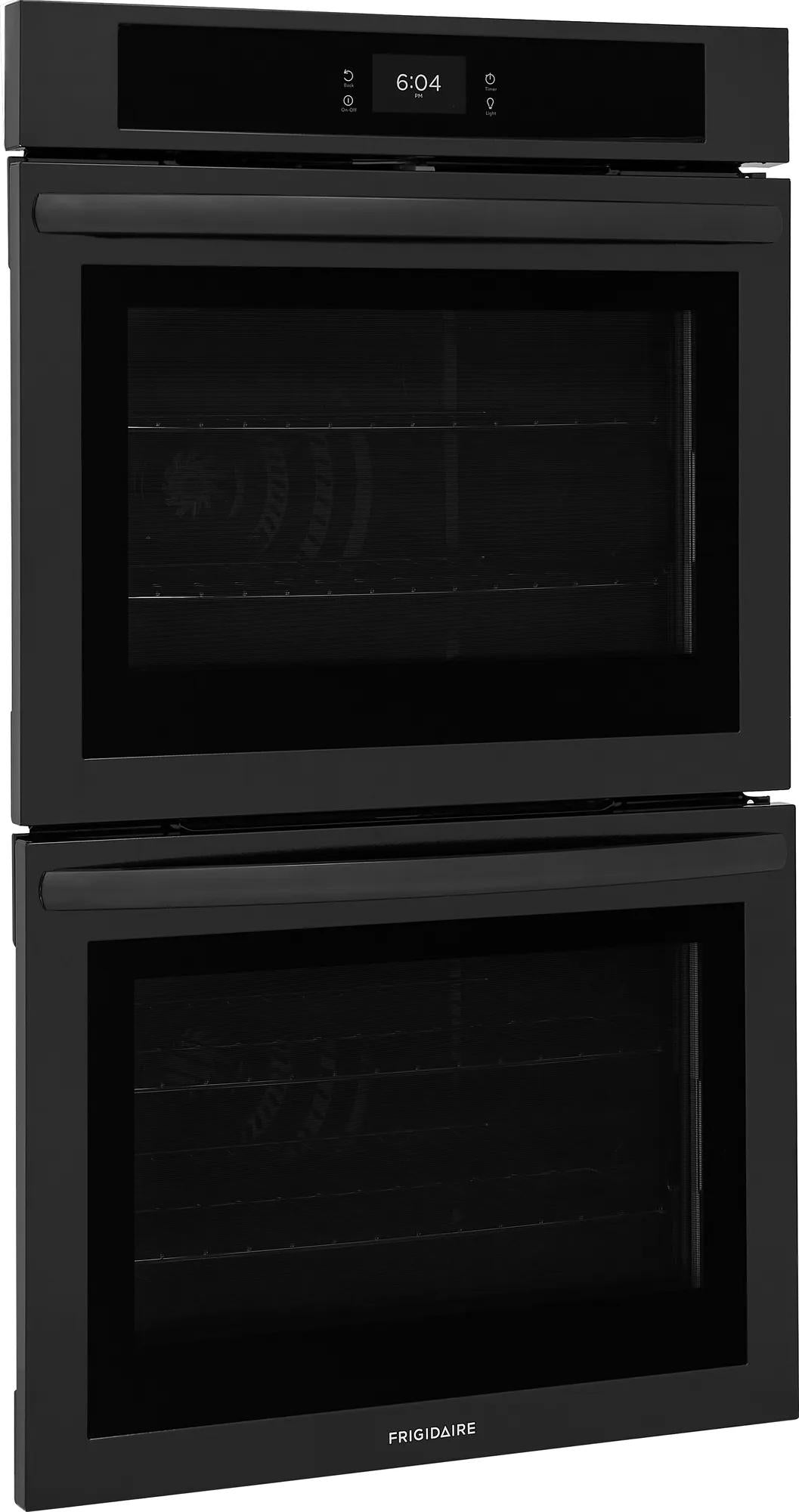 Black double electric wall oven with digital touchscreen controls and fan convection for even multi-rack baking in modern kitchens