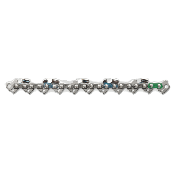 Close-up of a silver saw chain with colored links for STIHL saw accessories in power tool and home improvement collections