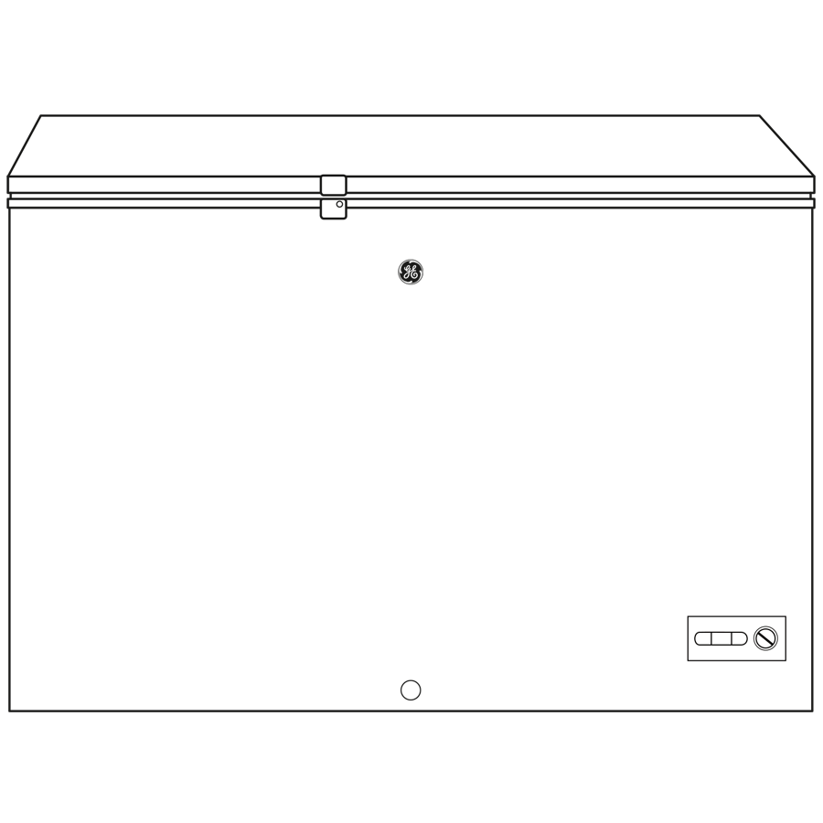 Front view line drawing of a white manual defrost chest freezer with control panel and latch lock system