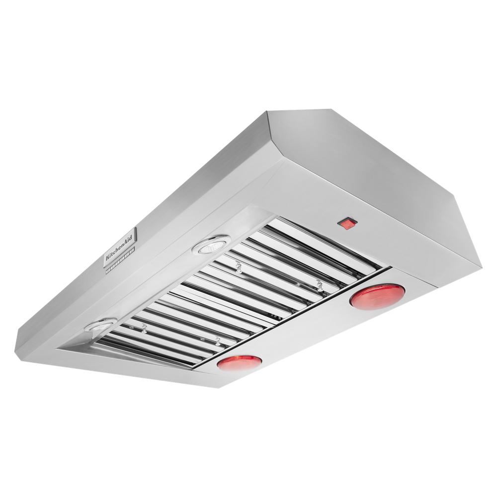 Stainless steel commercial-style wall-mount canopy range hood with dual red controls for home improvement appliances