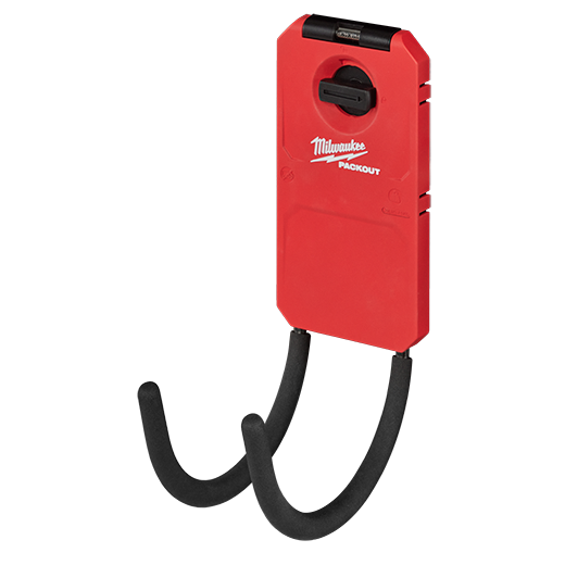 Red modular Milwaukee PACKOUT hook with black curved arms for versatile tool storage and workshop organization