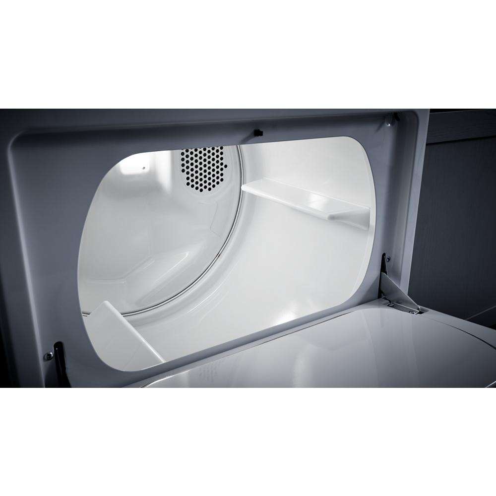 Interior of white top load electric dryer with open hamper door in washers and dryers collection