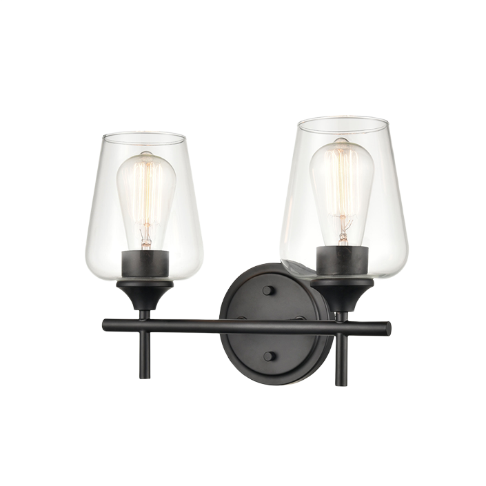 Matte black two-light vanity fixture with clear goblet glass shades for bathroom wall lighting and home improvement