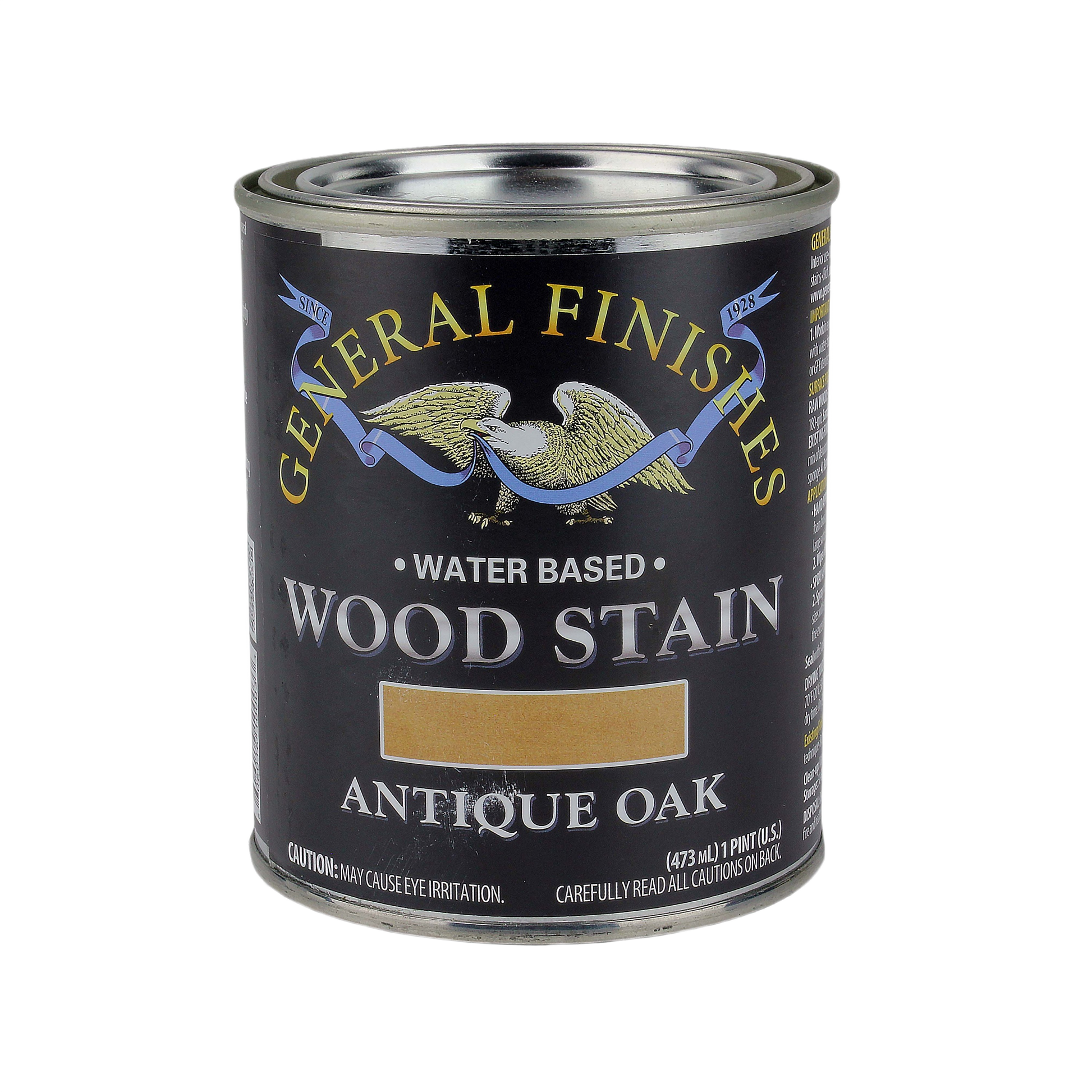 Black metal can of water based wood stain in antique oak color for interior wood finishing projects under $50