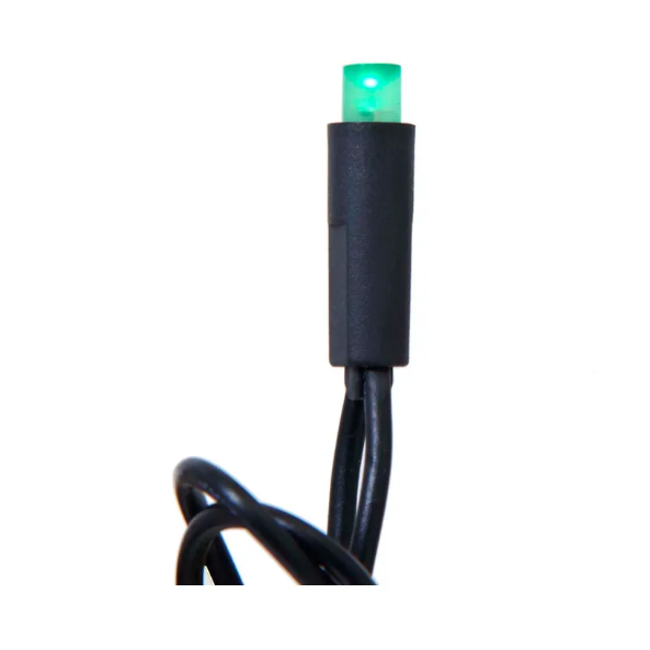Green frost LED bulb on black wire from a set designed for home improvement and decorative lighting use