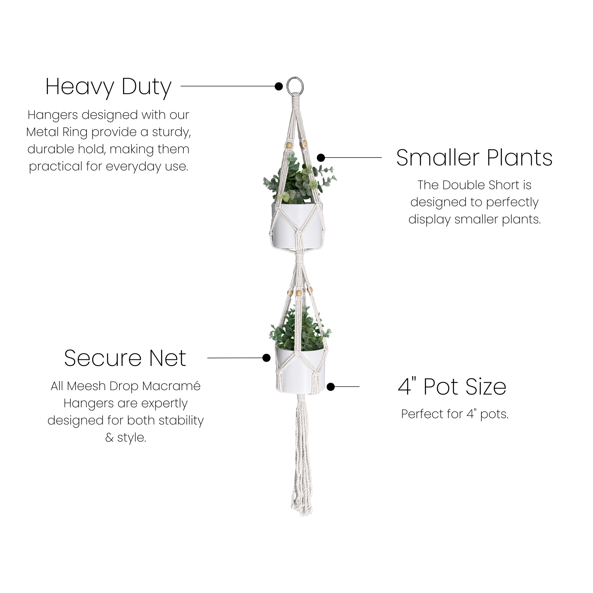 Natural cotton macrame hanger with metal ring holding two small pots for home accents and decor under $50 collection