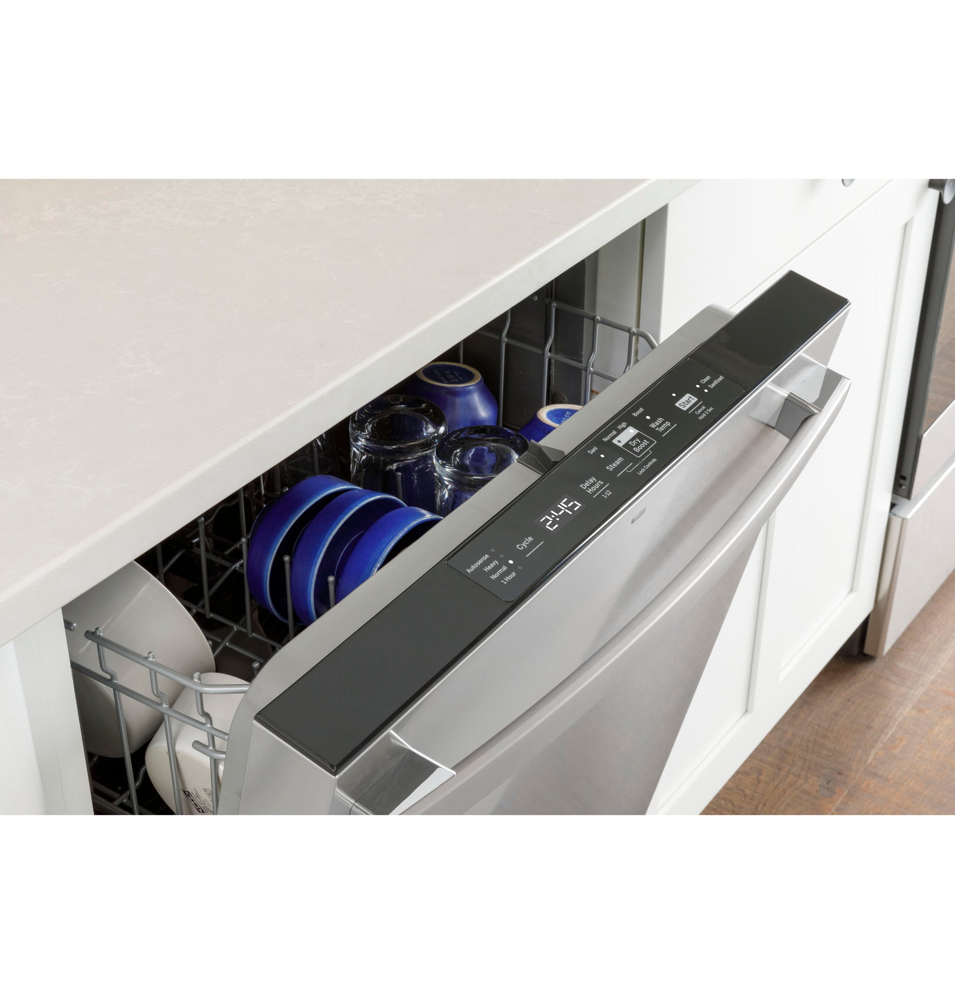 Top-control stainless steel dishwasher with digital display door open showing loaded interior in kitchenware collection