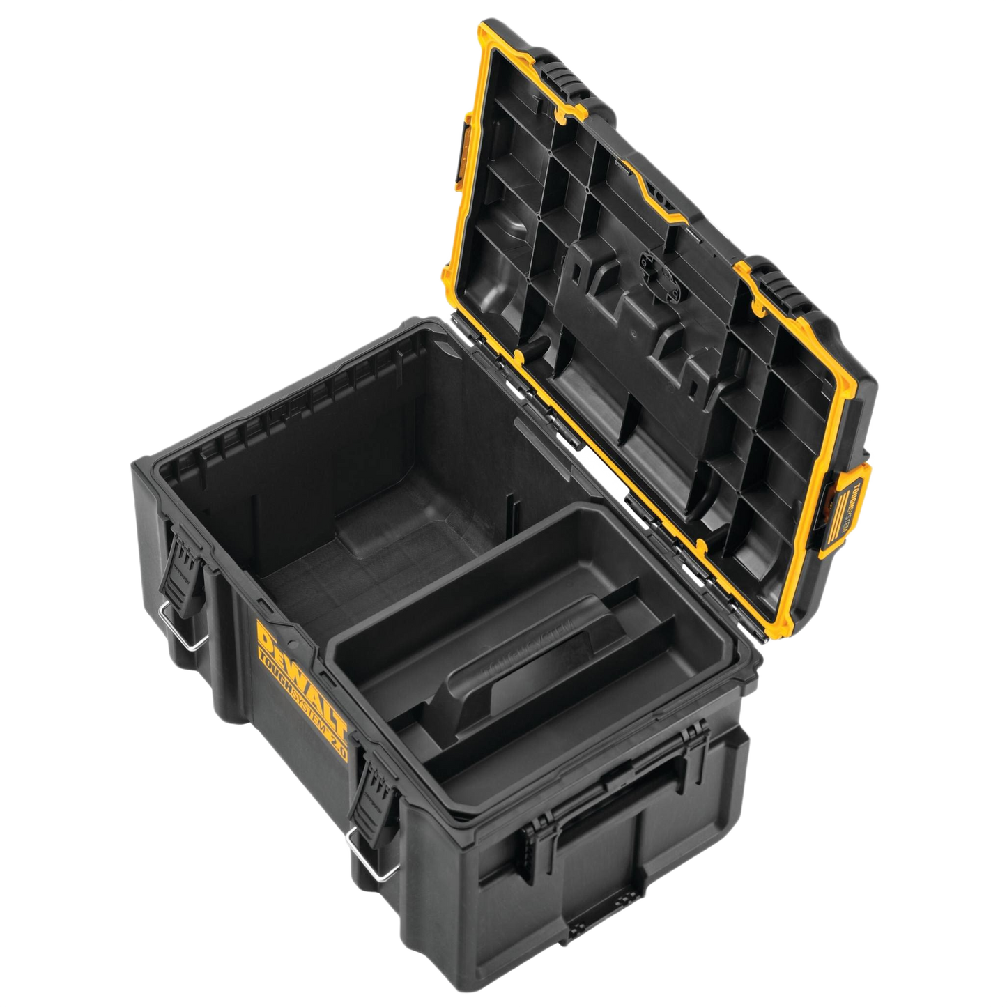 Black and yellow large plastic toolbox with removable tray and secure latches for organized tool storage and home use