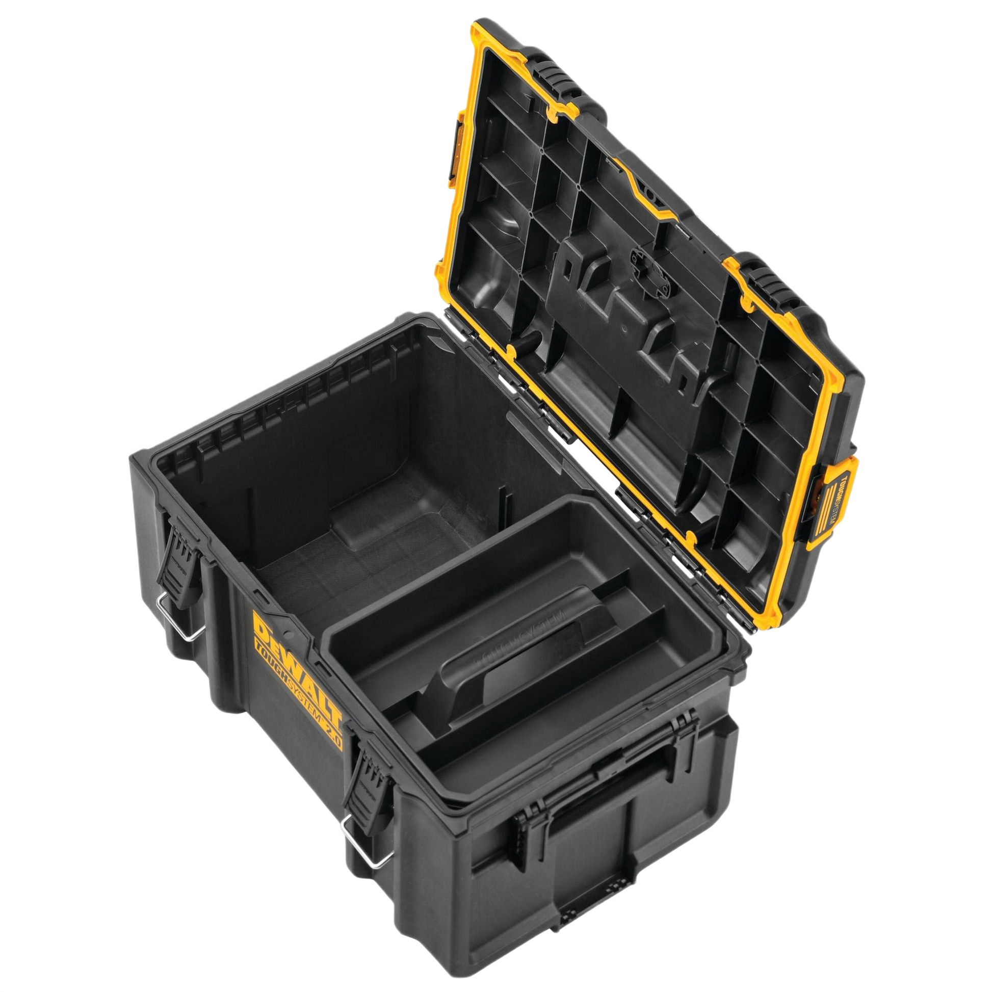 Black and yellow large plastic toolbox with removable tray and secure latches for organized tool storage and home use