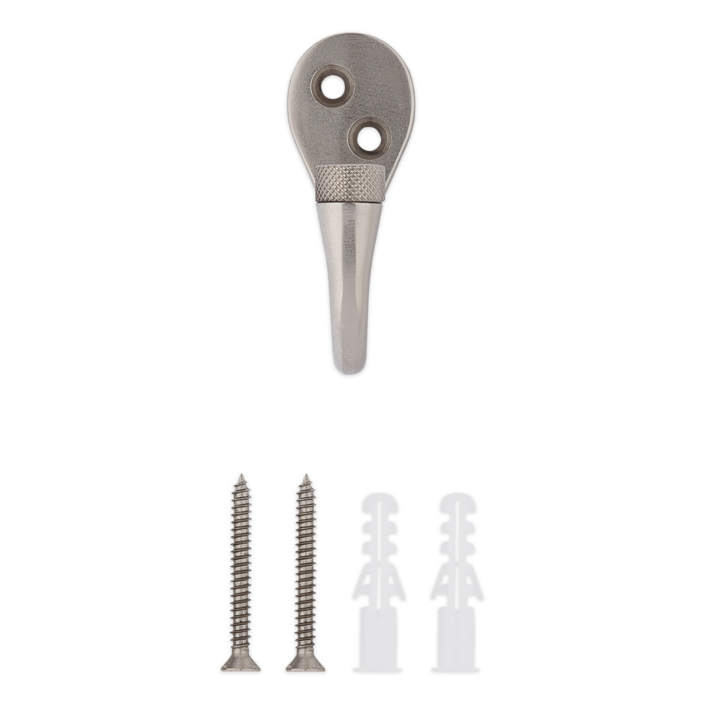 Satin nickel knurled hook with two mounting screws and wall anchors, suitable for home improvement and hardware projects.