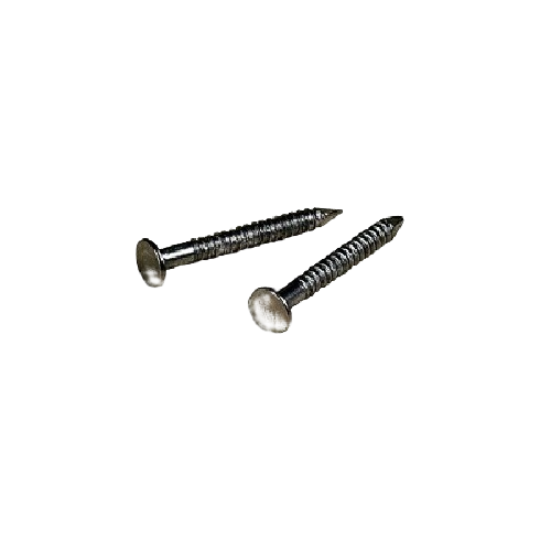 Two threaded residential nails with flat heads in steel finish for hardware and fastener use in home improvement projects