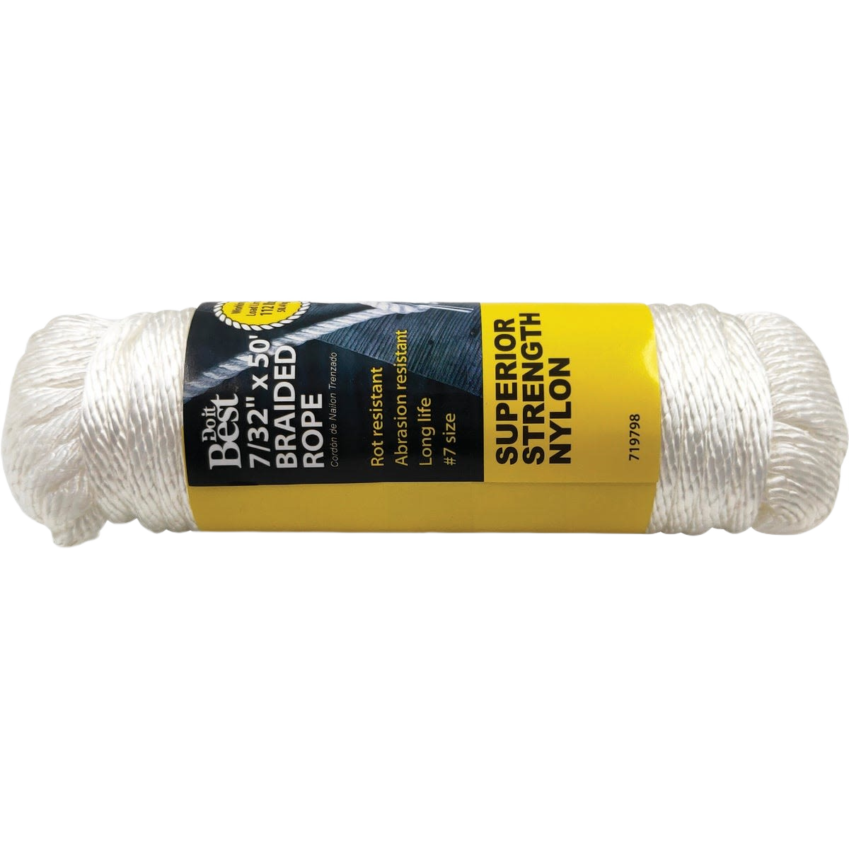White braided nylon rope packaged for tools and home improvement with superior strength and abrasion resistance