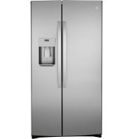 Fingerprint resistant stainless steel side-by-side refrigerator with water dispenser in kitchen appliances collection