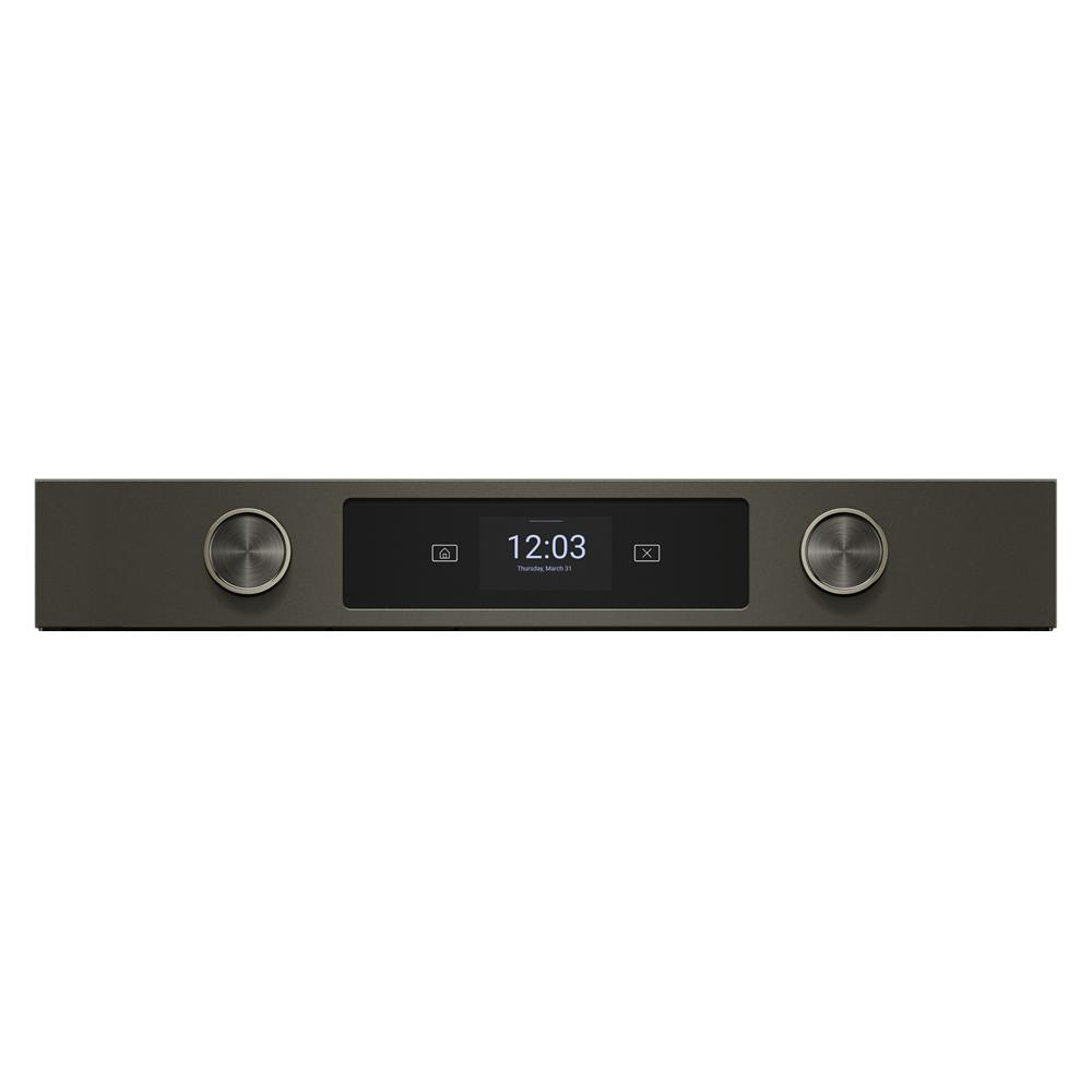 Black ore double wall oven control panel with LED display and two brushed metal knobs in kitchen appliance setting