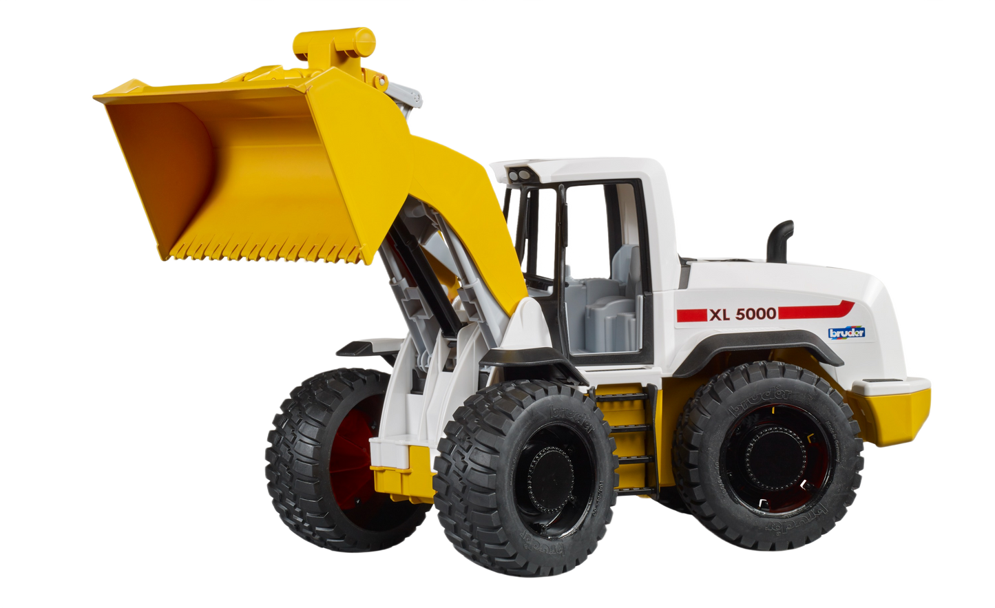 White and yellow compact XL 5000 wheel loader with large raised bucket and rugged tires for construction play