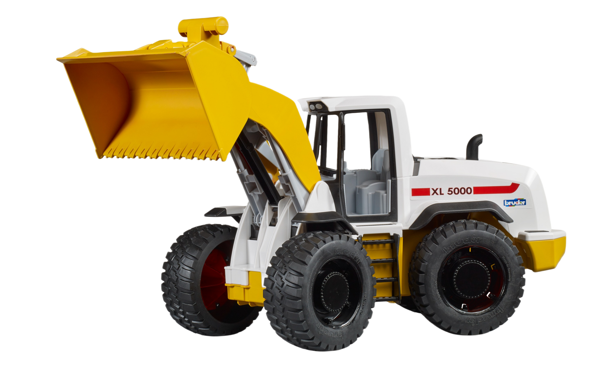 White and yellow compact XL 5000 wheel loader with large raised bucket and rugged tires for construction play