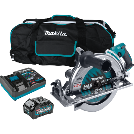 Makita cordless circular saw kit with battery, charger, and carrying bag in battery powered woodworking tools collection