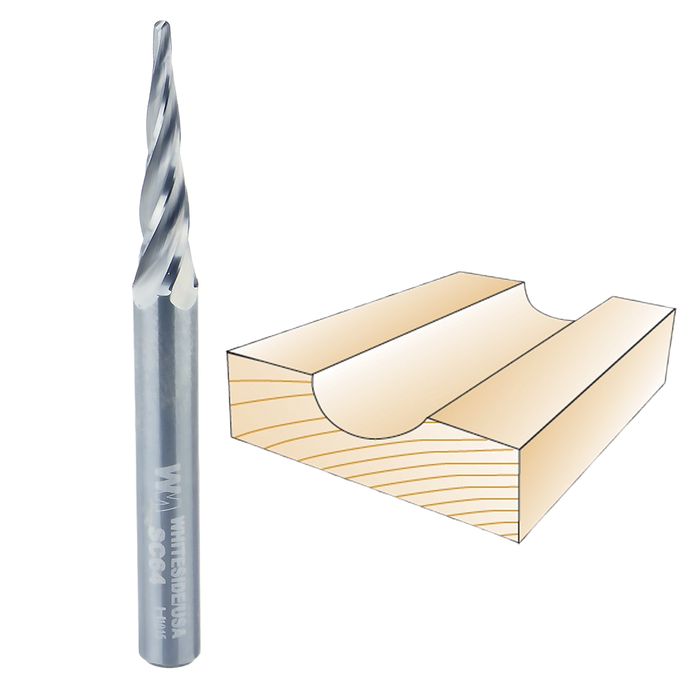Carbide conical tapered CNC router bit with four flutes next to wood groove sample for tool accessories and home improvement.