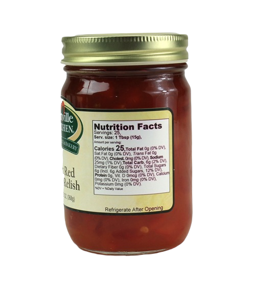 Glass jar of Hartville Kitchen sweet red pepper relish with gold lid and nutrition facts on label in preserves collection