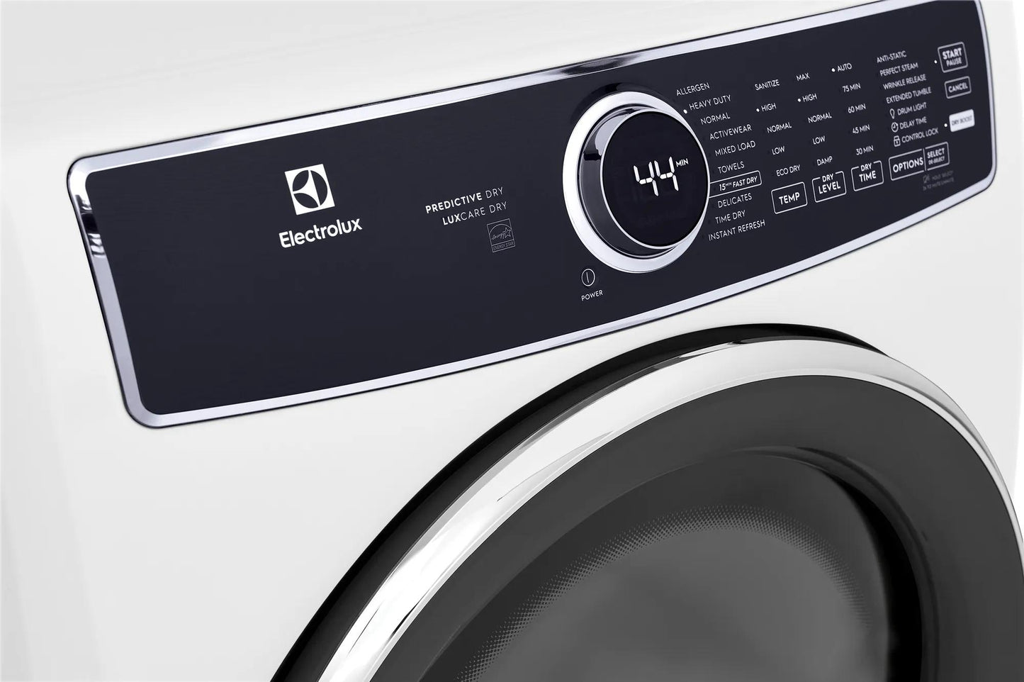 Close-up of black control panel with digital timer and chrome dial on white front load electric dryer from Dryers collection
