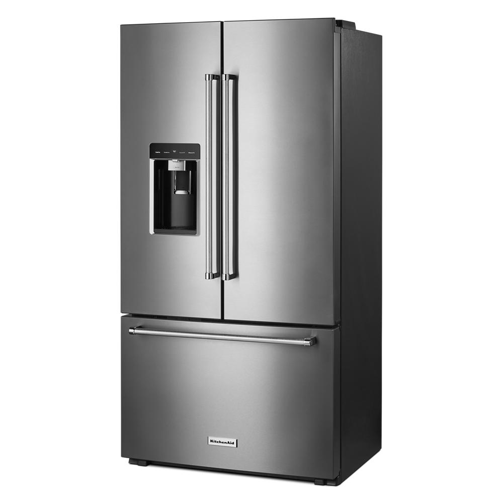 36-inch counter-depth French door refrigerator in stainless steel with water dispenser and lower freezer drawer